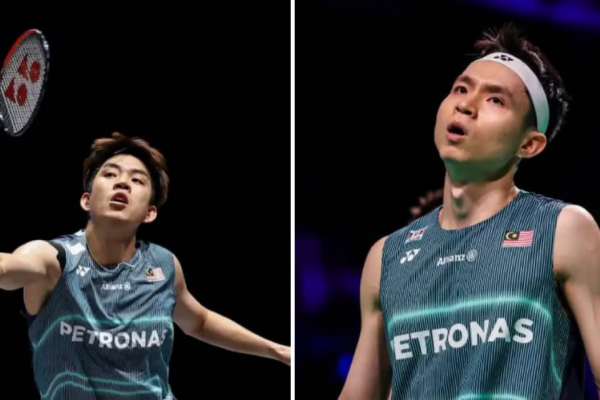 Wei Chong-Wooi Yik debut showing Man Wei Chong looking up and Soh Wooi Yik striking a shot at the Japan Open.