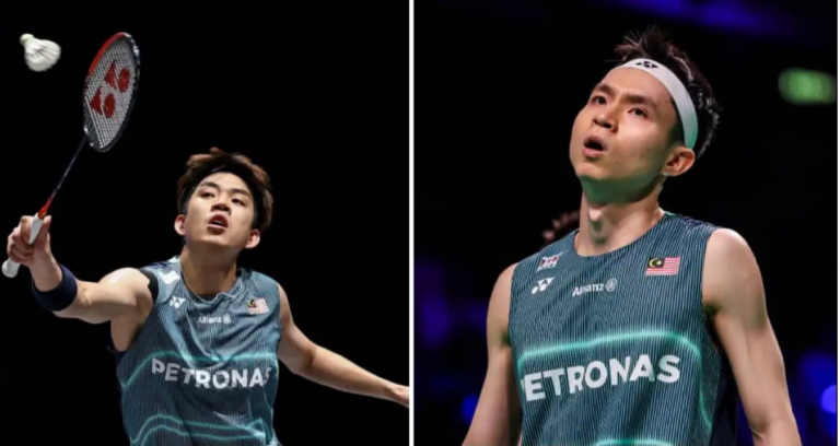 Wei Chong-Wooi Yik debut showing Man Wei Chong looking up and Soh Wooi Yik striking a shot at the Japan Open.