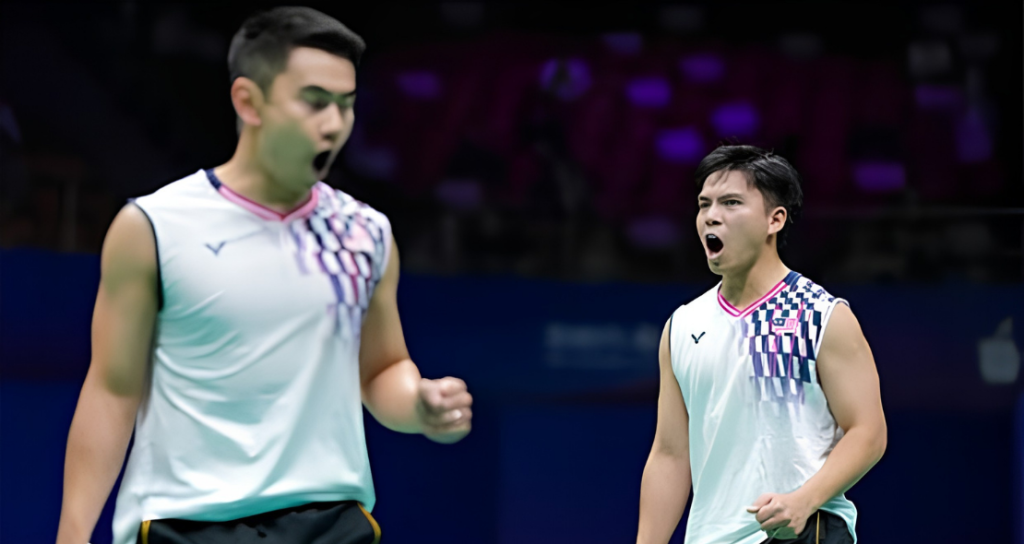 Sze Fei-Izzuddin Target showing Goh Sze Fei and Nur Izzuddin Rumsani celebrating passionately on the court.