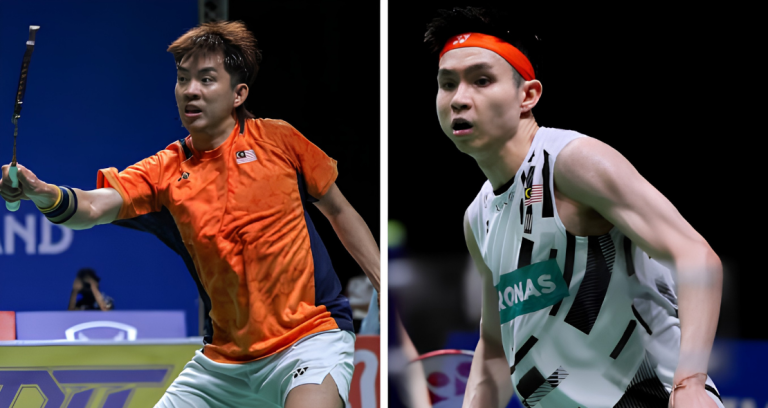 Wei Chong-Wooi Yik Victory showing Man Wei Chong returning a shot and Soh Wooi Yik tracking play at the China Open.