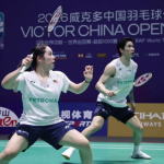Tang Jie-Clarissa Taiwan Open showing Clarissa San lunging low with Chen Tang Jie watching.