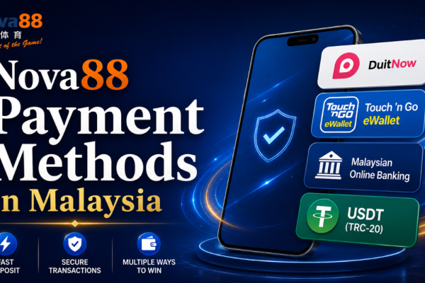 Nova88 Payment Methods in Malaysia banner featuring bold Georgia-style typography on the left and secure payment options on the right, including DuitNow, Touch 'n Go eWallet, Malaysian Online Banking, and USDT (TRC-20), with a modern smartphone illustration and secure digital payment theme.