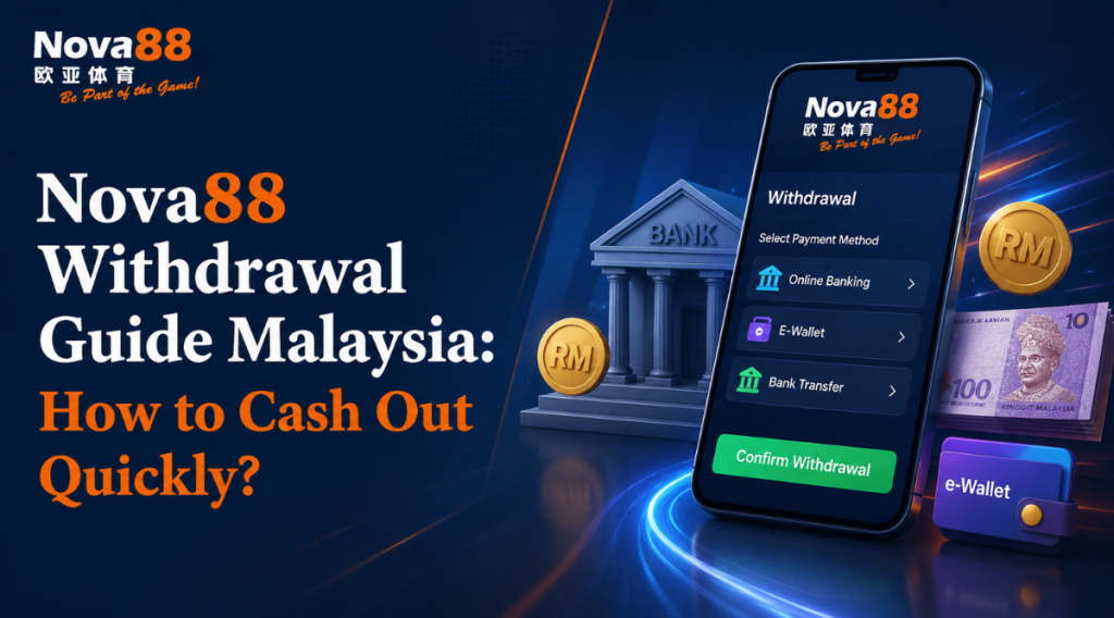 Nova88 Withdrawal Guide Malaysia banner featuring the Nova88 logo, a smartphone showing the withdrawal interface, Malaysian Ringgit cash, online banking and e-wallet icons, with the title "Nova88 Withdrawal Guide Malaysia: How to Cash Out Quickly?"
