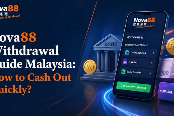 Nova88 Withdrawal Guide Malaysia banner featuring the Nova88 logo, a smartphone showing the withdrawal interface, Malaysian Ringgit cash, online banking and e-wallet icons, with the title "Nova88 Withdrawal Guide Malaysia: How to Cash Out Quickly?"