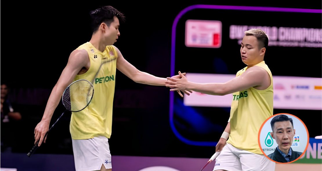 Aaron-Wooi Yik Reunion showing Soh Wooi Yik and Aaron Chia hand tapping on court with Lee Chong Wei inset.
