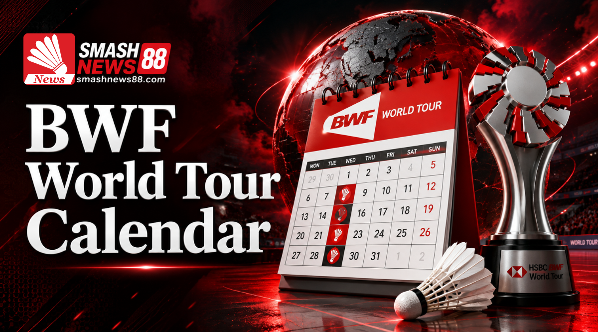 BWF World Tour Calendar banner by SmashNews88 featuring a 3D badminton calendar, shuttlecock, championship trophy, and global badminton tournament theme.