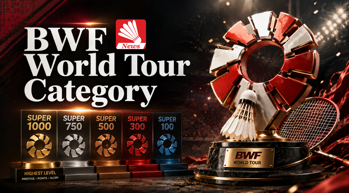 BWF World Tour Category banner featuring Super 1000, Super 750, Super 500, Super 300 and Super 100 tournament levels with a 3D badminton trophy, shuttlecock and racket.