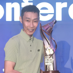 Chong Wei Cup Launch showing Datuk Seri Lee Chong Wei holding the official gold plated trophy during the press conference.