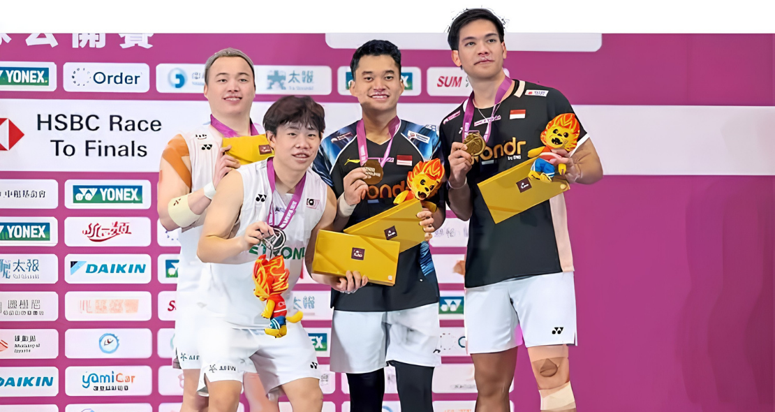 Taiwan Open Campaign showing Aaron Chia, Aaron Tai, Daniel Marthin, and Leo Rolly Carnando on the podium.