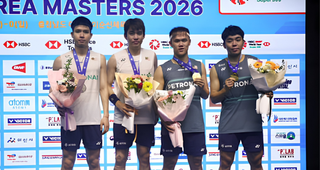 Kai Wun Korean Masters showing Tee Kai Wun, Yap Roy King, Soh Wooi Yik, and Man Wei Chong posing on the podium in Asan.