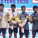 Kai Wun Korean Masters showing Tee Kai Wun, Yap Roy King, Soh Wooi Yik, and Man Wei Chong posing on the podium in Asan.