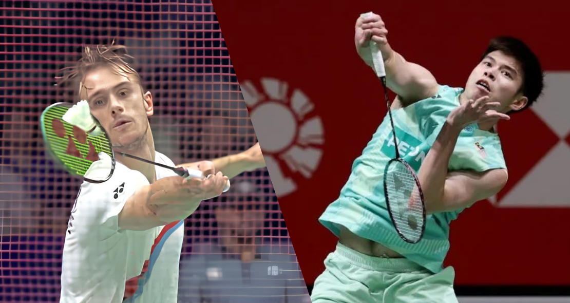 Jun Hao China Masters showing Alex Lanier playing a shot and Leong Jun Hao executing a jump smash.