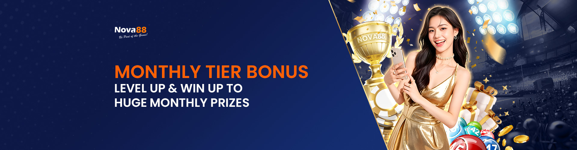 Nova88 promotional banner reading "Monthly Tier Bonus - Level Up & Win Up To Huge Monthly Prizes" featuring a smiling presenter in a gold dress holding a phone next to a gold trophy and prize elements.
