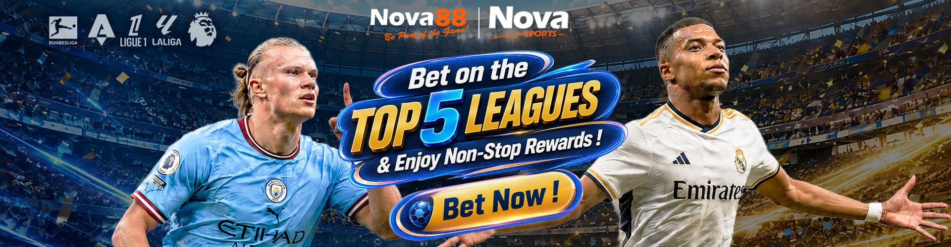 Nova88 promotional banner reading "Bet on the Top 5 Leagues & Enjoy Non-Stop Rewards!" featuring Erling Haaland and Kylian Mbappé in front of a packed stadium.