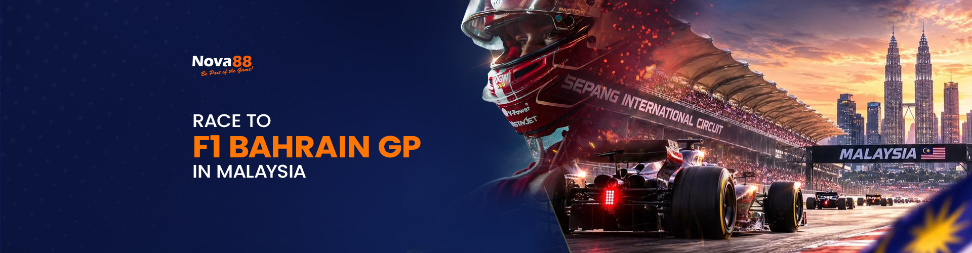Nova88 promotional banner titled "Race to F1 Bahrain GP in Malaysia" featuring a red Formula 1 race car on the Sepang International Circuit with the Kuala Lumpur skyline at sunset.