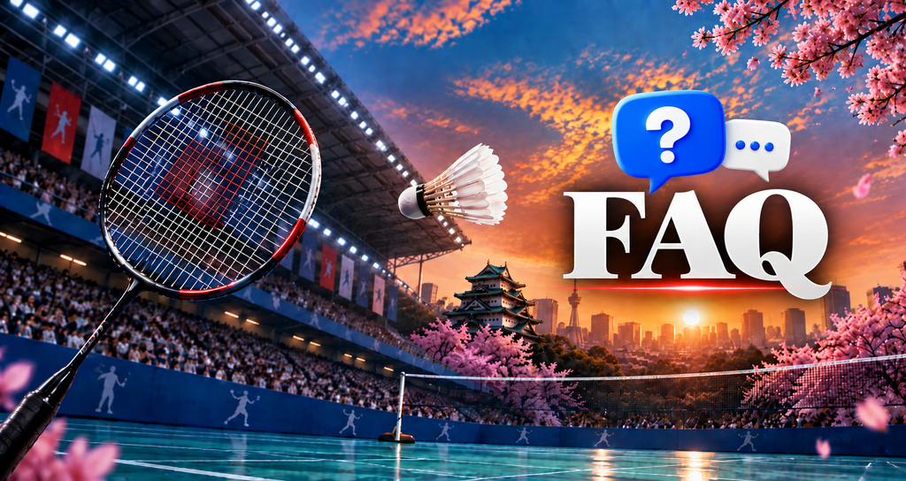 Asian Games 2026 badminton FAQ with badminton racket, shuttlecock and court