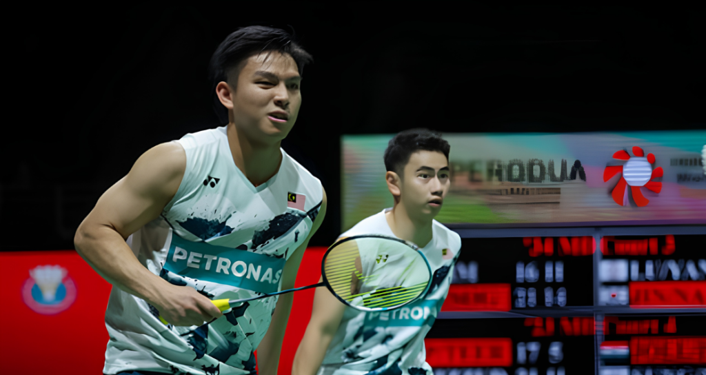 Goh Sze Fei and Nur Izzuddin Rumsani prepare to return a shot in their white Petronas Malaysian national jerseys during an international badminton match.