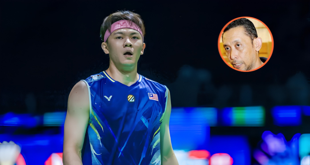 Lee Zii Jia stands on court in his blue jersey with an inset portrait of former coach Misbun Sidek.