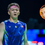 Lee Zii Jia stands on court in his blue jersey with an inset portrait of former coach Misbun Sidek.