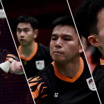 Leong Jun Hao, Goh Sze Fei, Nur Izzuddin Rumsani, and Justin Hoh featured in match action during the Asian Games men's team tie.