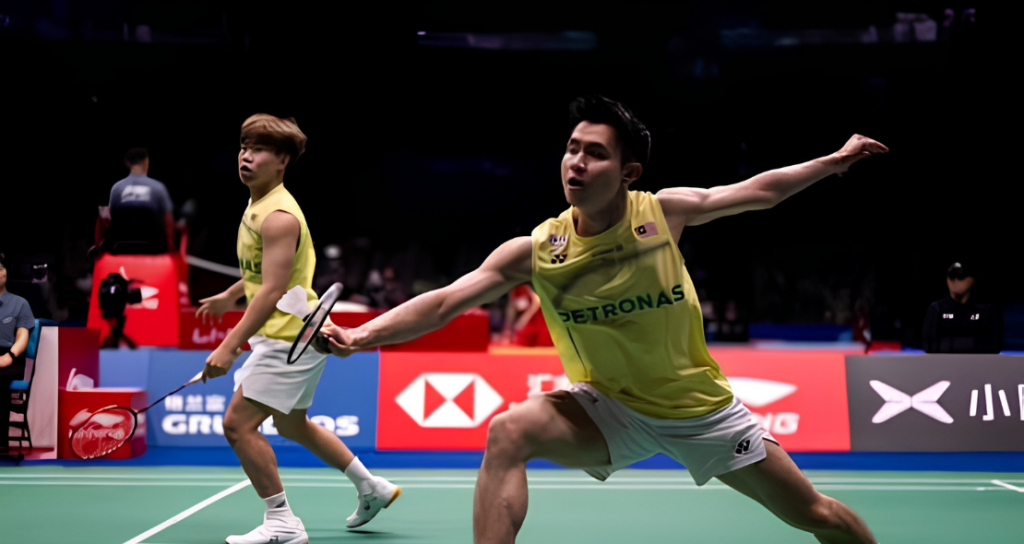 Soh Wooi Yik lunges forward at the net while partner Aaron Tai covers the back court in their yellow Malaysian national jerseys.