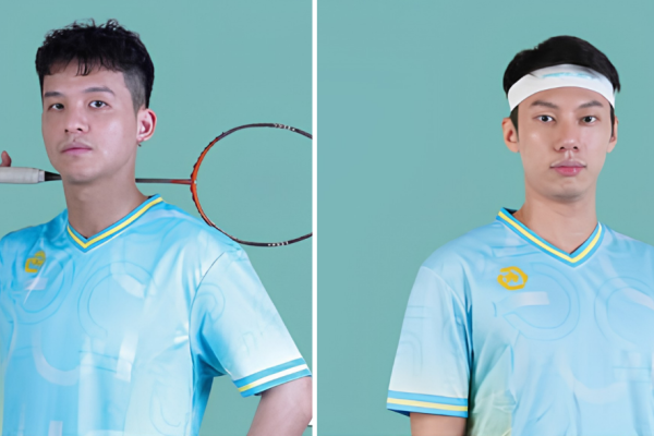 Teo Ee Yi and Chia Weijie pose in studio profile portraits wearing matching light blue jerseys.