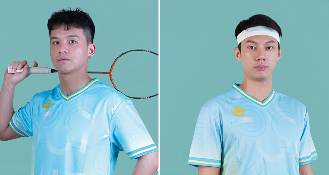 Teo Ee Yi and Chia Weijie pose in studio profile portraits wearing matching light blue jerseys.