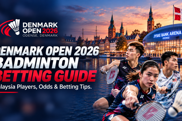 Denmark Open 2026 badminton betting guide featuring Malaysian badminton players, Jyske Bank Arena in Odense, and betting tips.