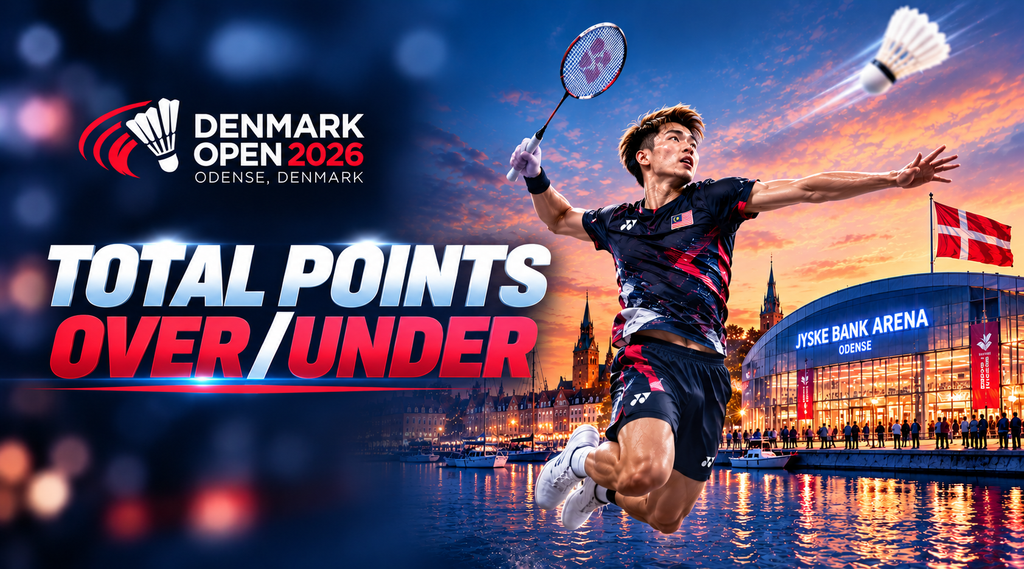 Denmark Open 2026 badminton Total Points Over/Under betting guide featuring an AI-generated Malaysian badminton player performing a jump smash.