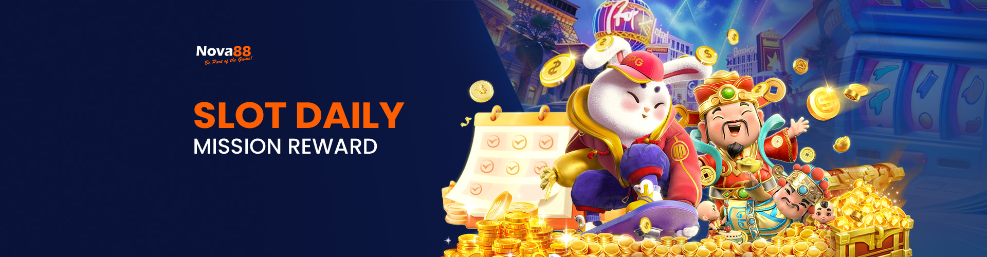 Nova88 Slot Daily Mission Reward promotion banner featuring lucky cartoon characters, gold coins, and a daily mission calendar.