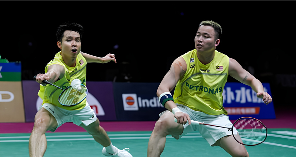 Soh Wooi Yik lunges low to play a forehand shot while Aaron Chia stays in ready position in their yellow Malaysian jerseys.
