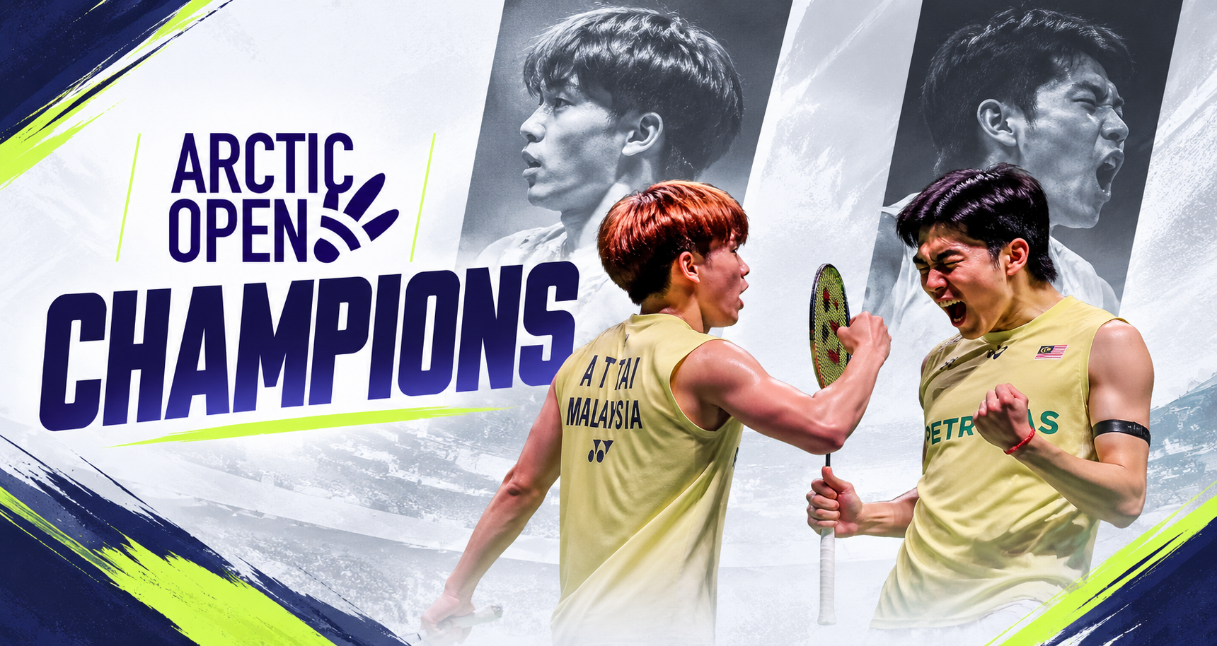 Aaron Tai and Yap Roy King celebrate winning the Arctic Open title in a championship poster graphic.