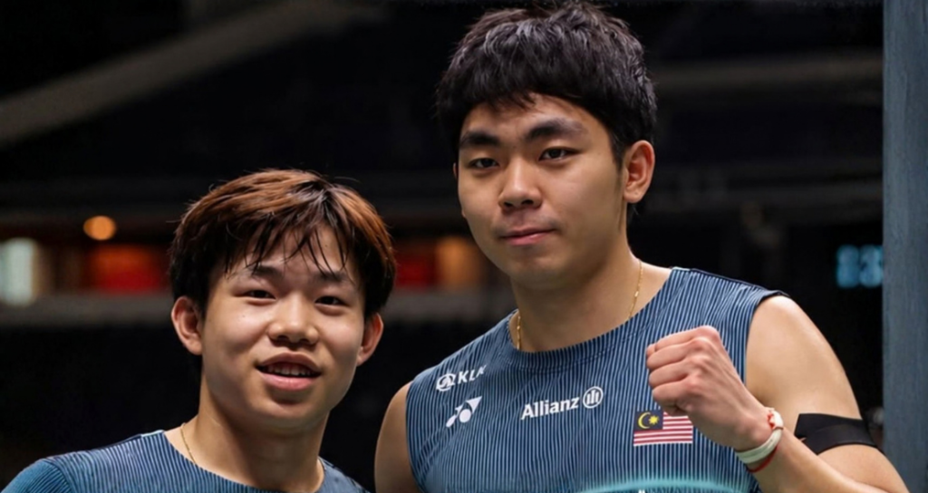 Aaron Tai and Yap Roy King pose together on court in their navy blue Malaysian national jerseys.