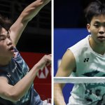 Aaron Tai leaps for an overhead smash on the left while Yap Roy King plays a net return on the right in their Malaysian jerseys.