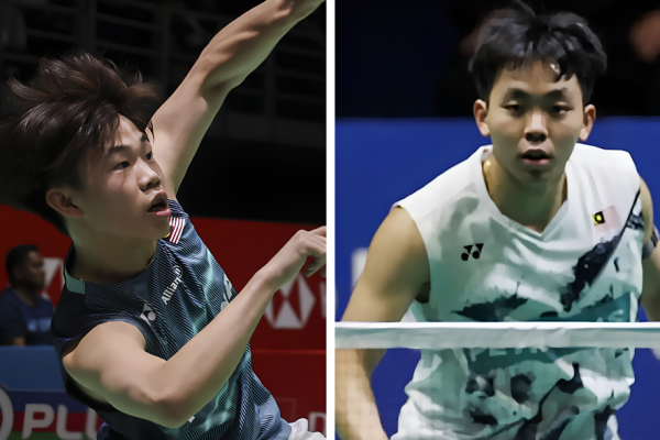 Aaron Tai leaps for an overhead smash on the left while Yap Roy King plays a net return on the right in their Malaysian jerseys.