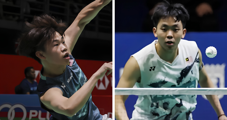 Aaron Tai leaps for an overhead smash on the left while Yap Roy King plays a net return on the right in their Malaysian jerseys.