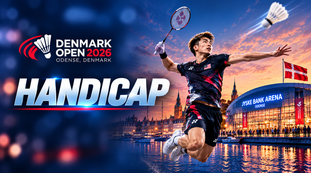 Denmark Open 2026 badminton handicap betting guide featuring an AI-generated Malaysian player performing a jump smash in Odense, Denmark.